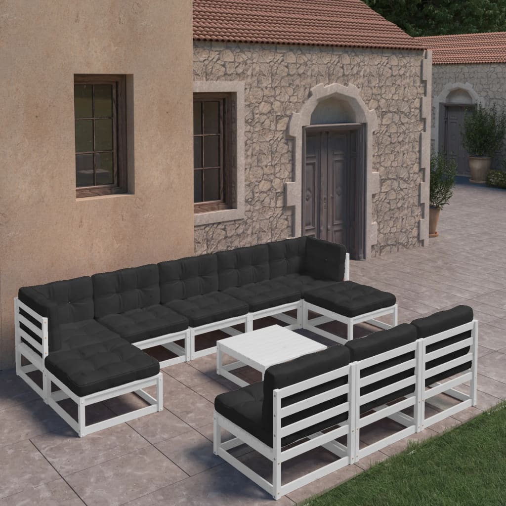 11-tlg. Garten-Lounge-Set mit Kissen Weiss Kiefer Massivholz